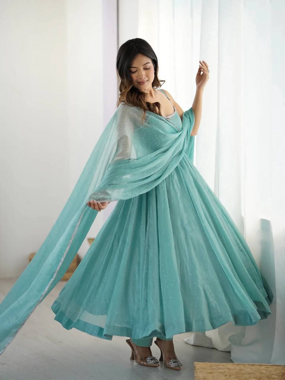Premium Crunchy Silk SiroSki Work Anarkali Set With Dupatta