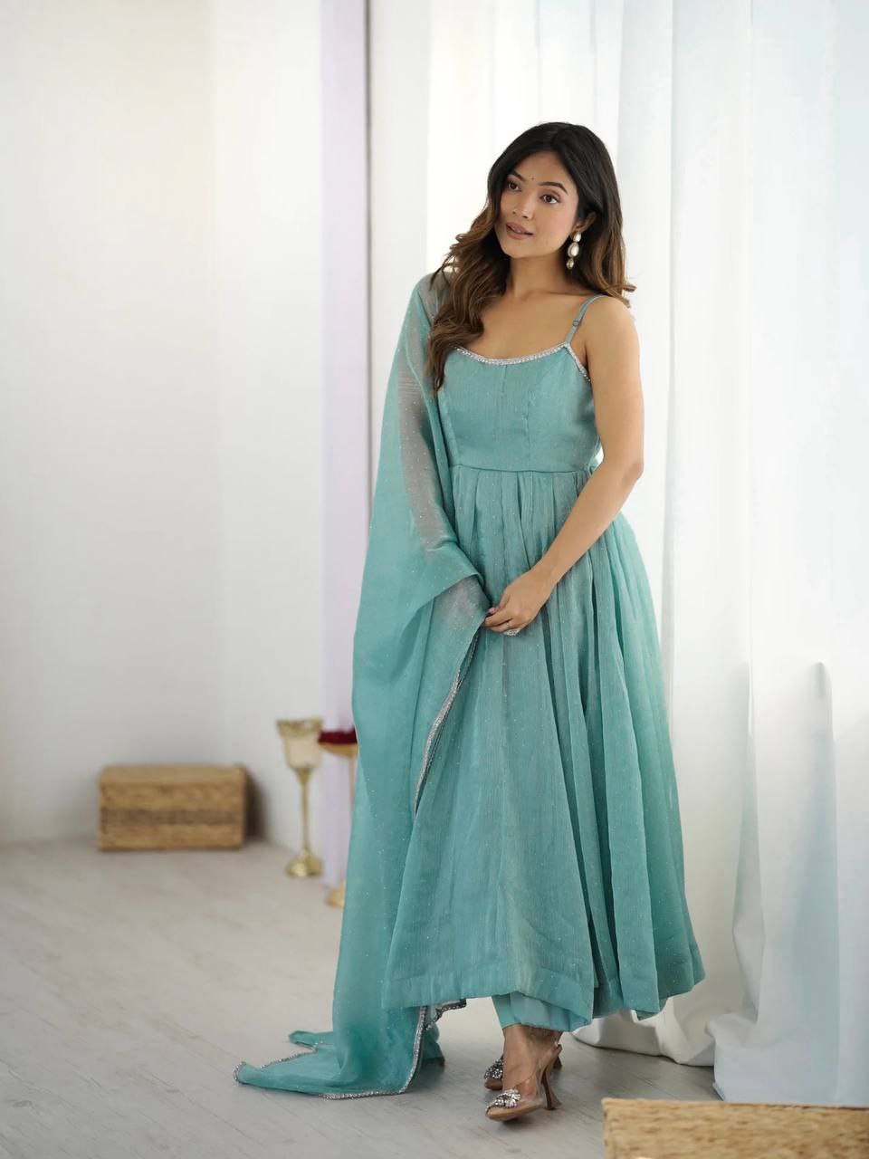 Premium Crunchy Silk SiroSki Work Anarkali Set With Dupatta