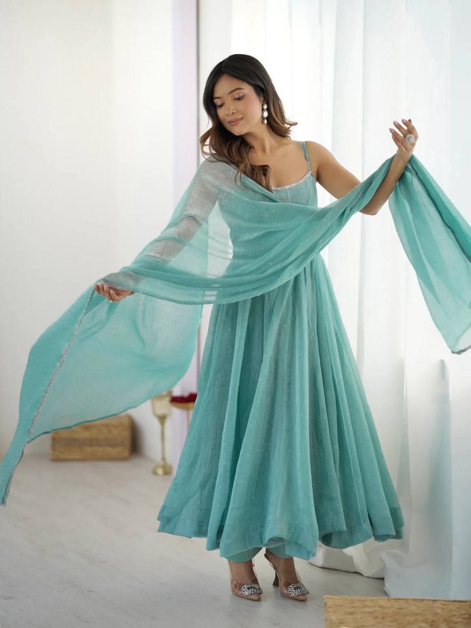 Premium Crunchy Silk SiroSki Work Anarkali Set With Dupatta