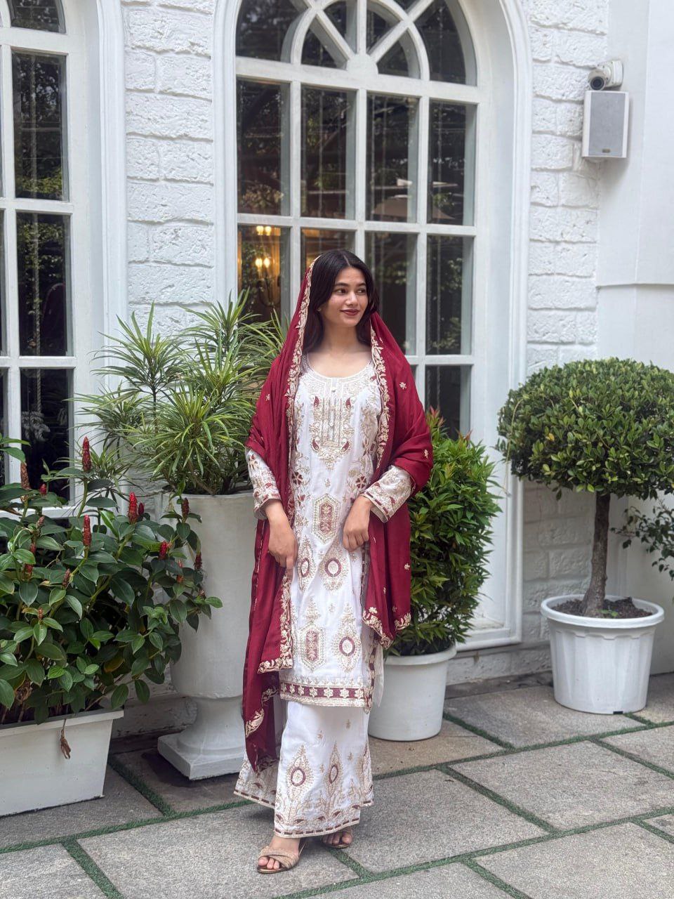 Pure Chinon Silk Embroidered Palazzo Suit with Dupatta