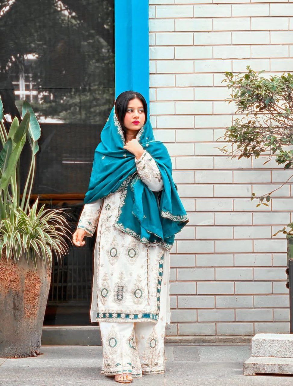 Pure Chinon Silk Embroidered Palazzo Suit with Dupatta