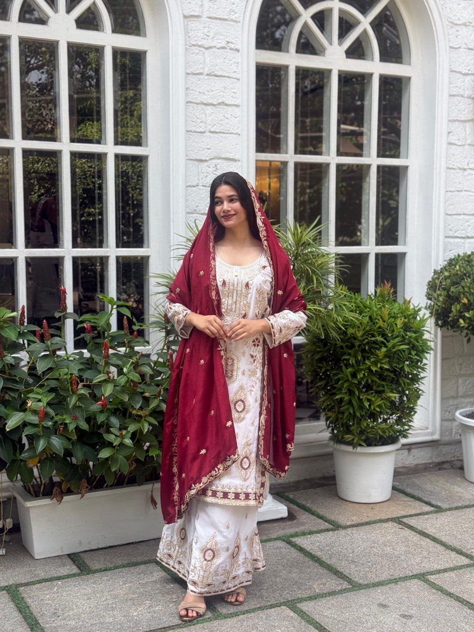 Pure Chinon Silk Embroidered Palazzo Suit with Dupatta