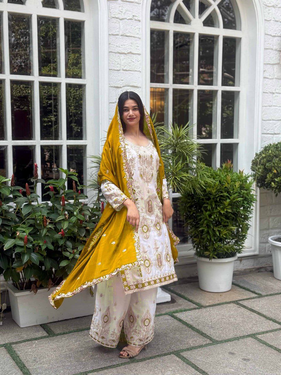 Pure Chinon Silk Embroidered Palazzo Suit with Dupatta