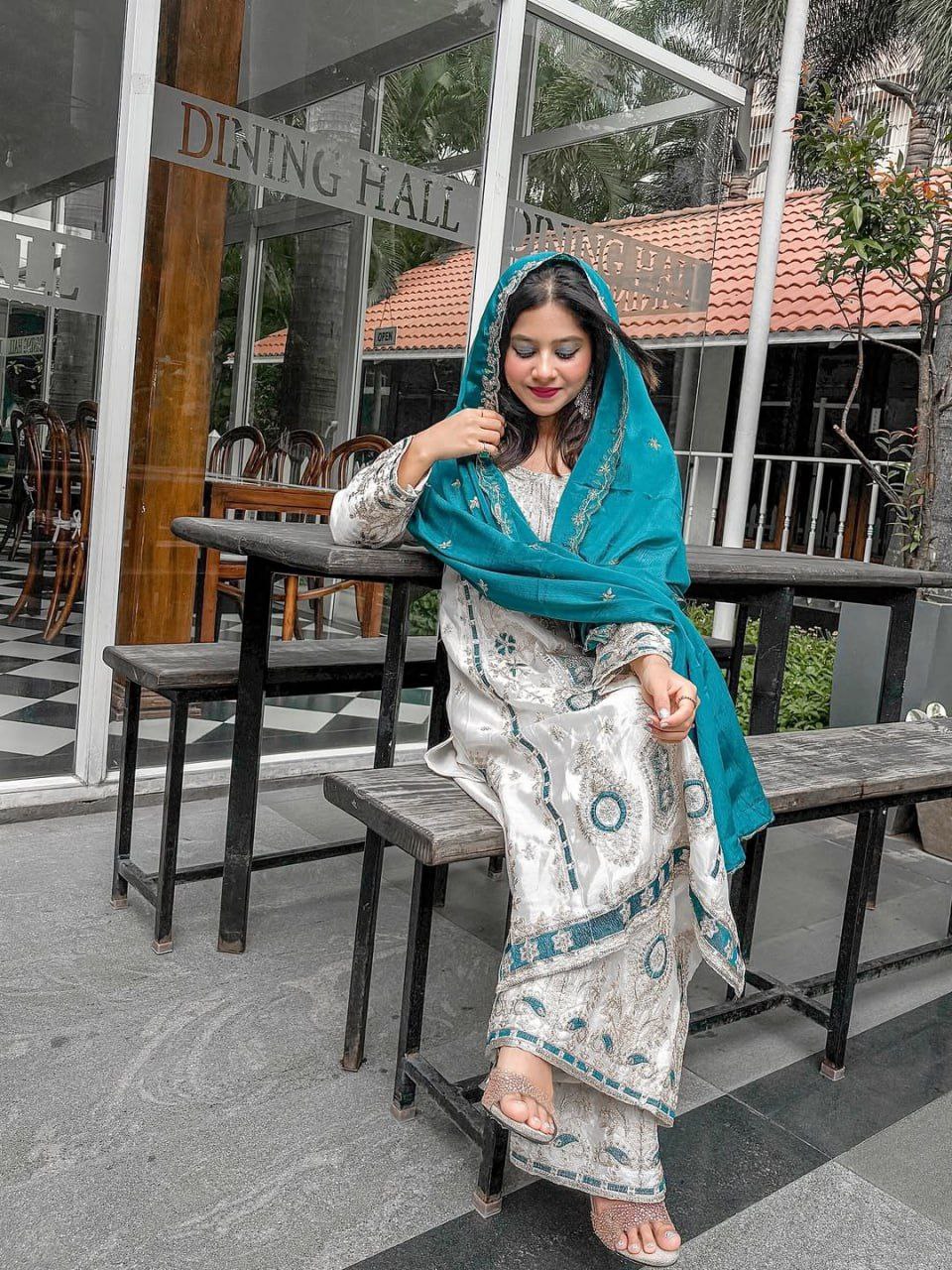 Pure Chinon Silk Embroidered Palazzo Suit with Dupatta