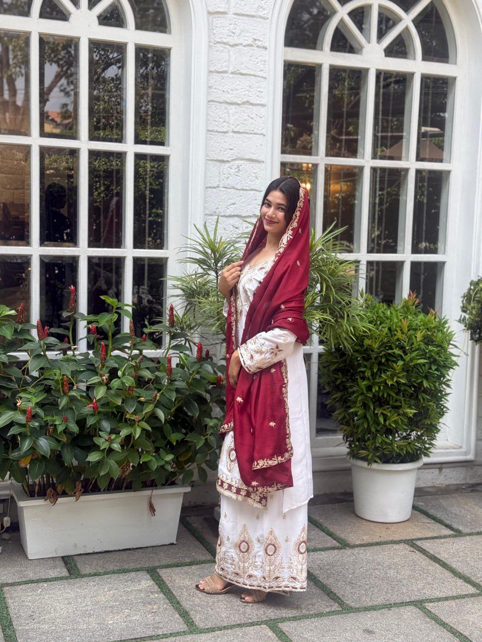 Pure Chinon Silk Embroidered Palazzo Suit with Dupatta