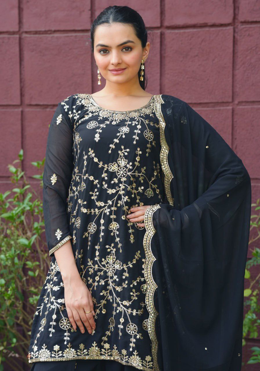 Designer Fox Georgette Sharara Suit with Sequins Embroidery