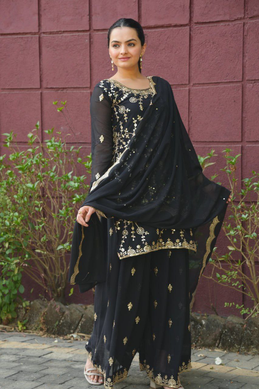 Designer Fox Georgette Sharara Suit with Sequins Embroidery