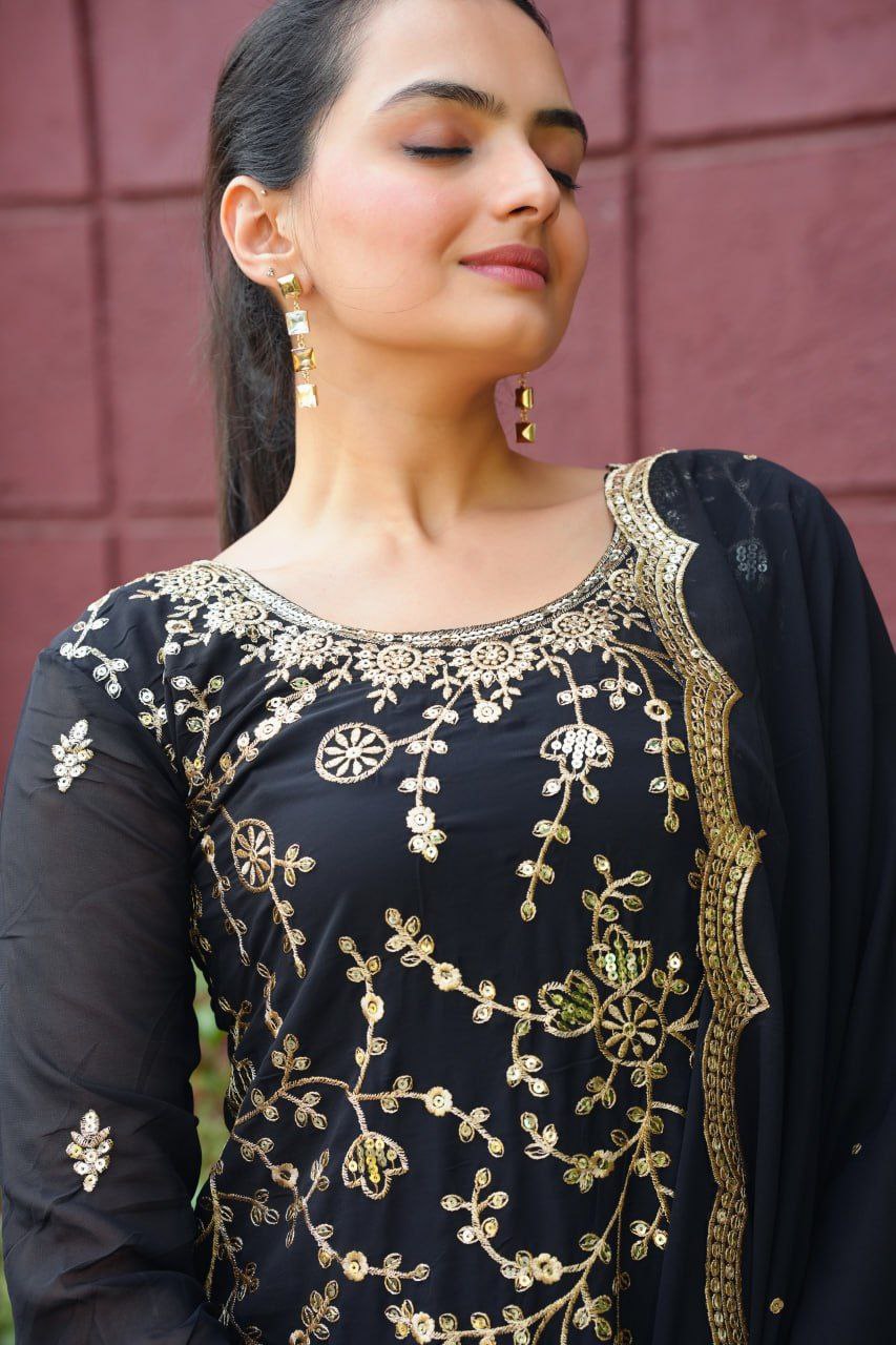 Designer Fox Georgette Sharara Suit with Sequins Embroidery