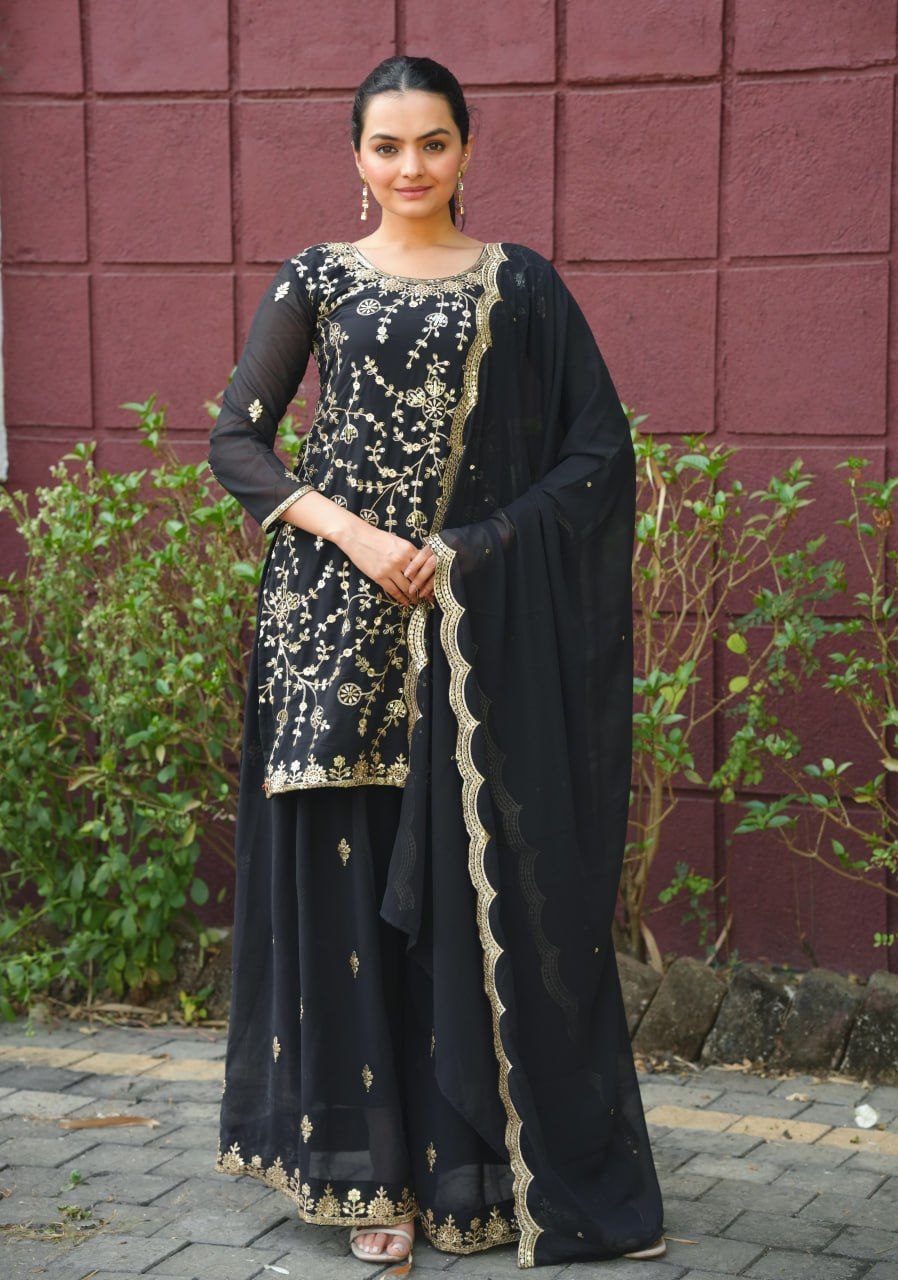 Designer Fox Georgette Sharara Suit with Sequins Embroidery