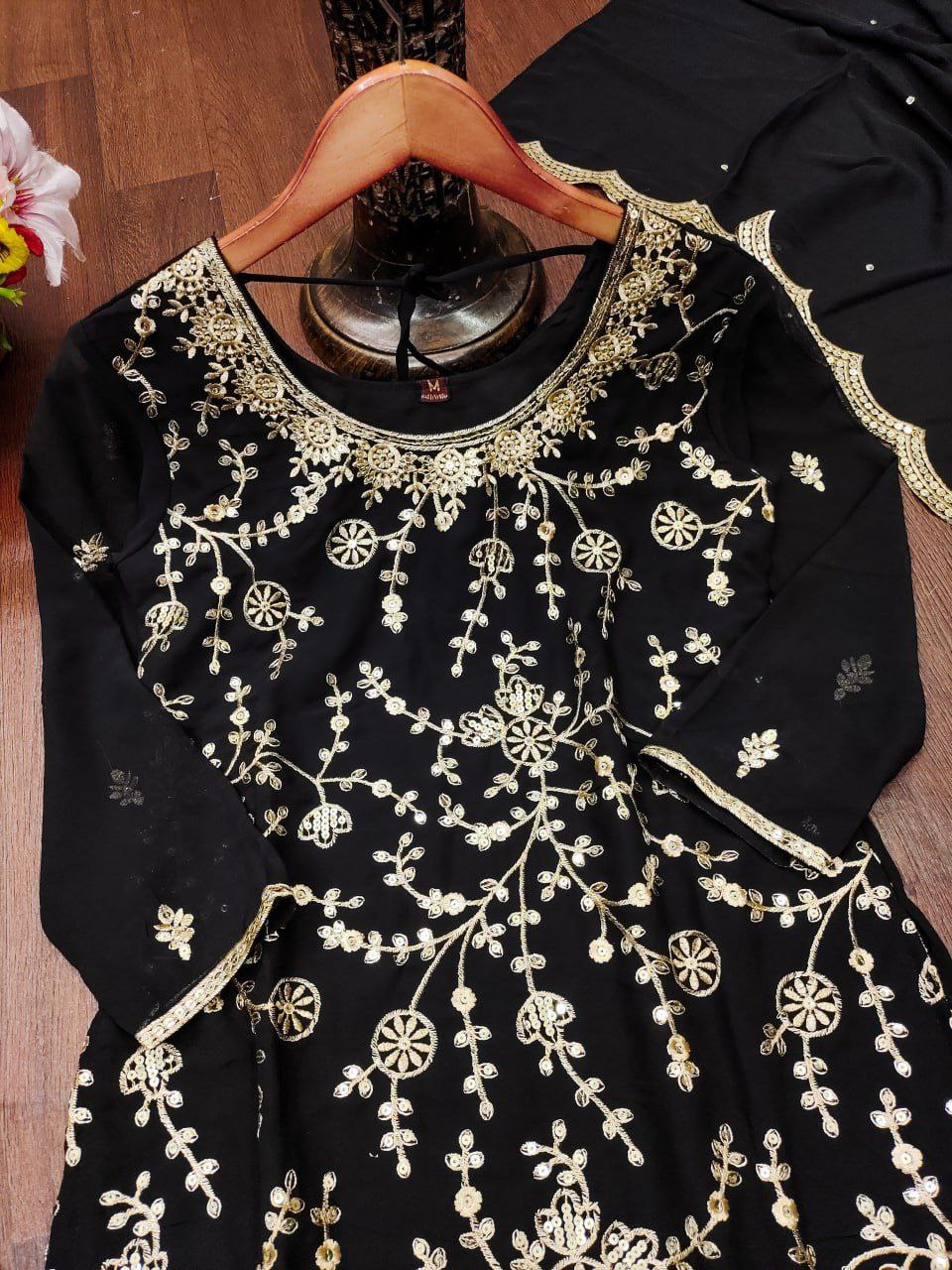 Designer Fox Georgette Sharara Suit with Sequins Embroidery