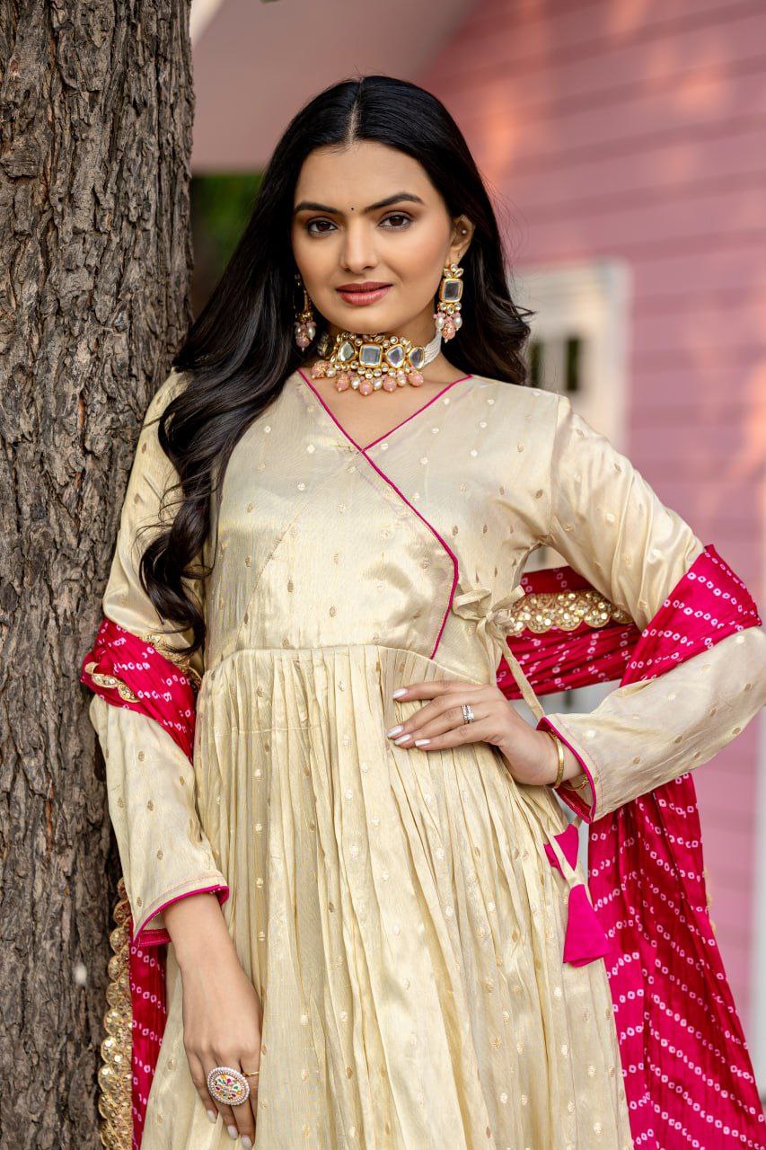 Celestial Elegance Jequard Butti Gown with Chinon Dupatta