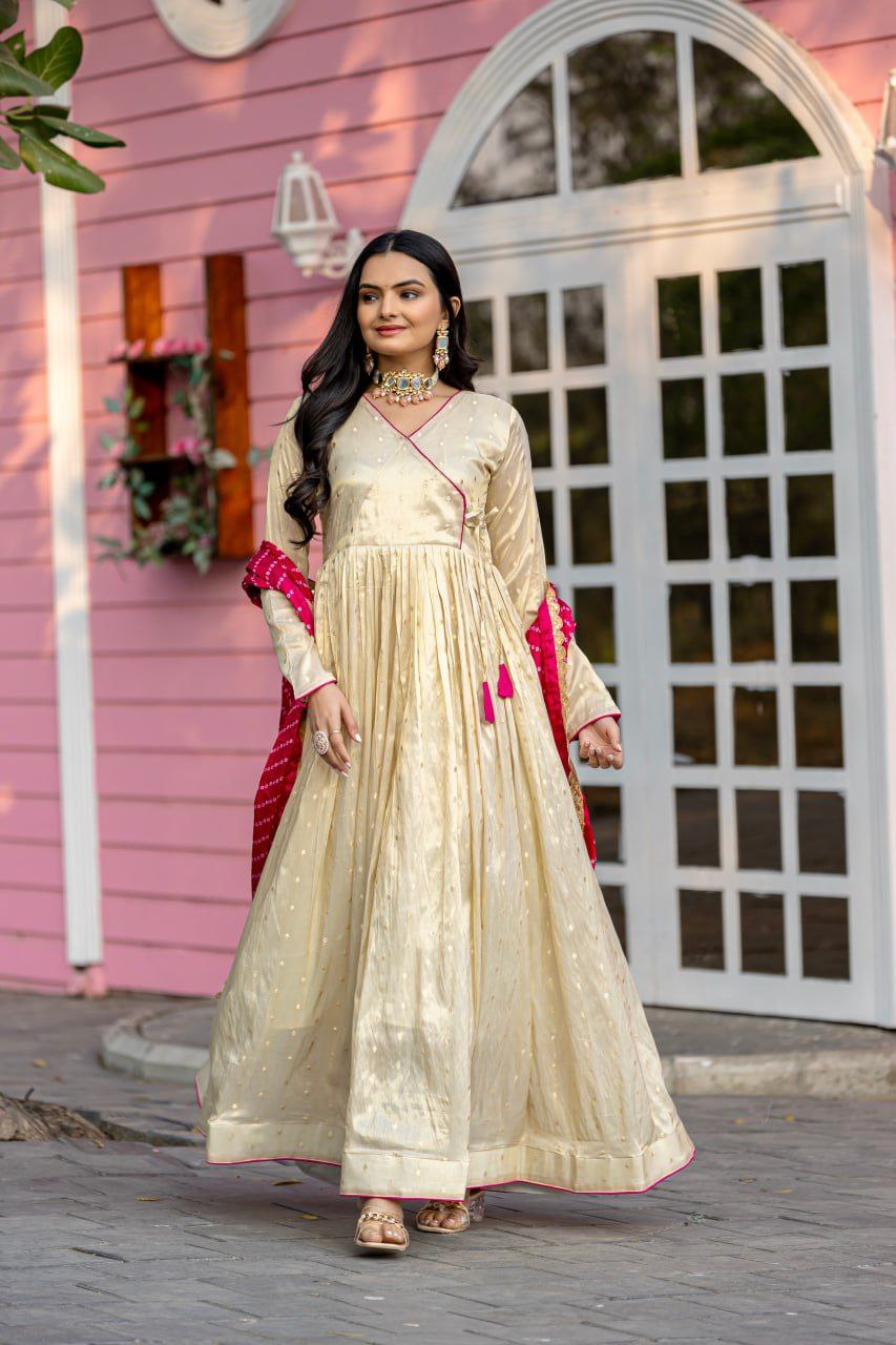 Celestial Elegance Jequard Butti Gown with Chinon Dupatta