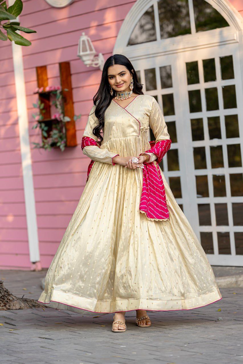 Celestial Elegance Jequard Butti Gown with Chinon Dupatta