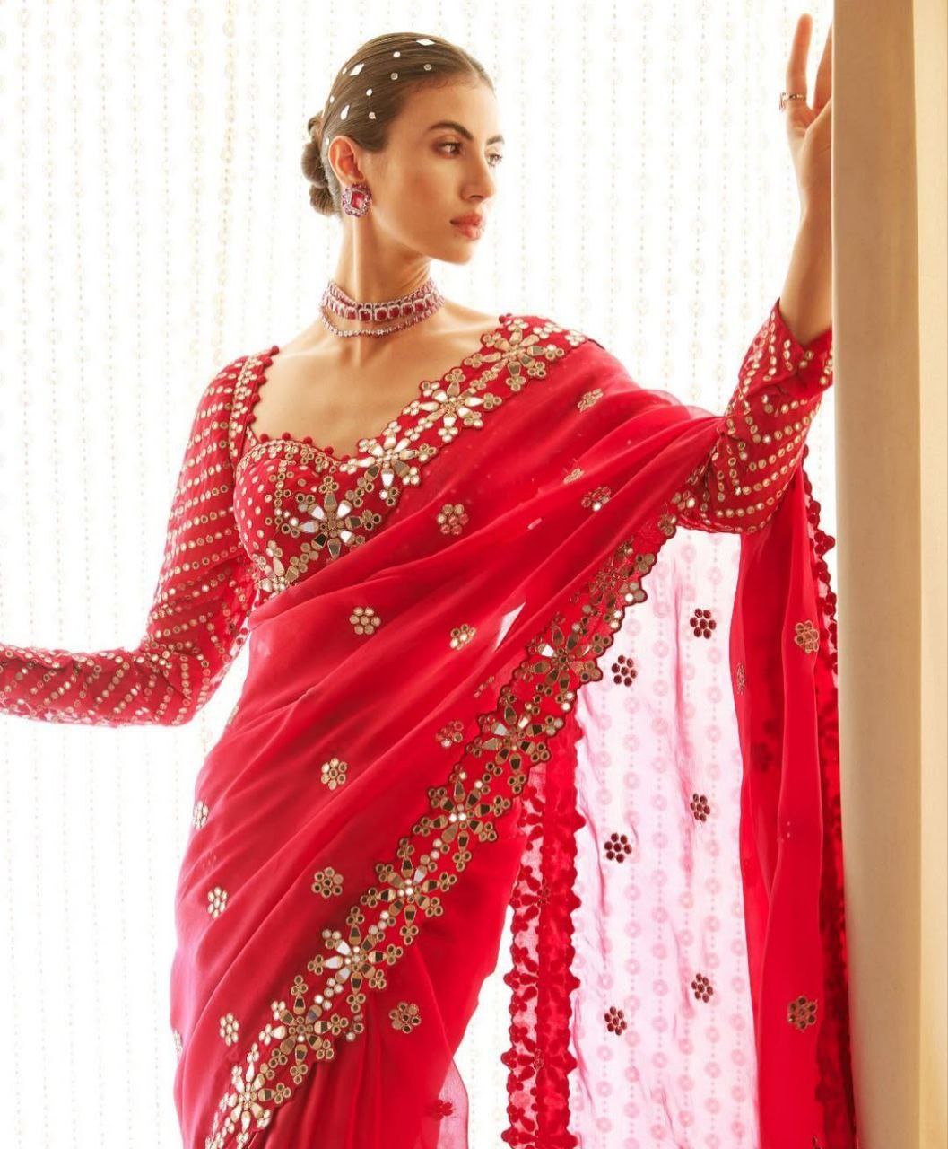 Faux Georgette Saree with Heavy 5mm Sequence Work & Stitched Embroidery Mirror Blouse