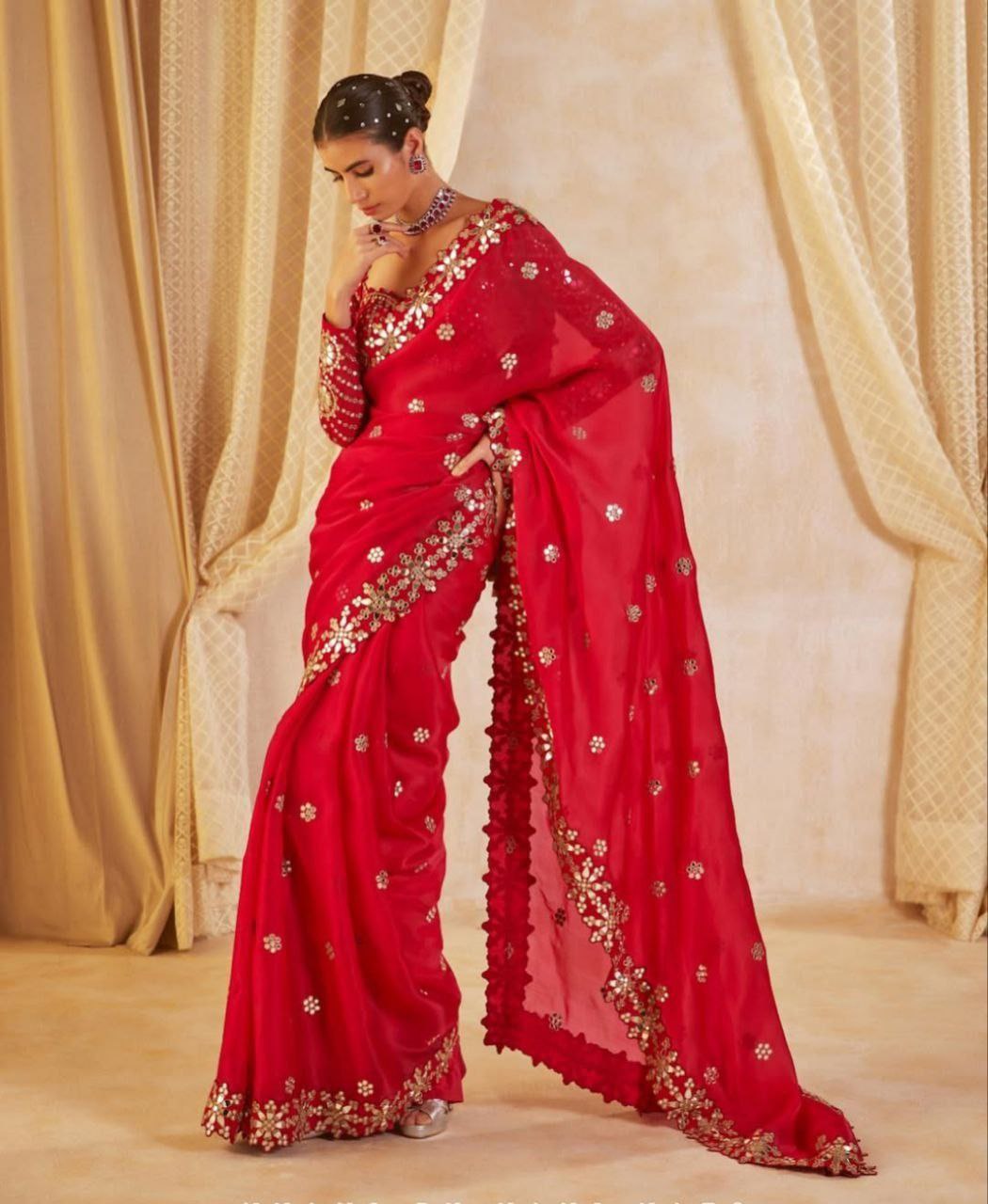 Faux Georgette Saree with Heavy 5mm Sequence Work & Stitched Embroidery Mirror Blouse
