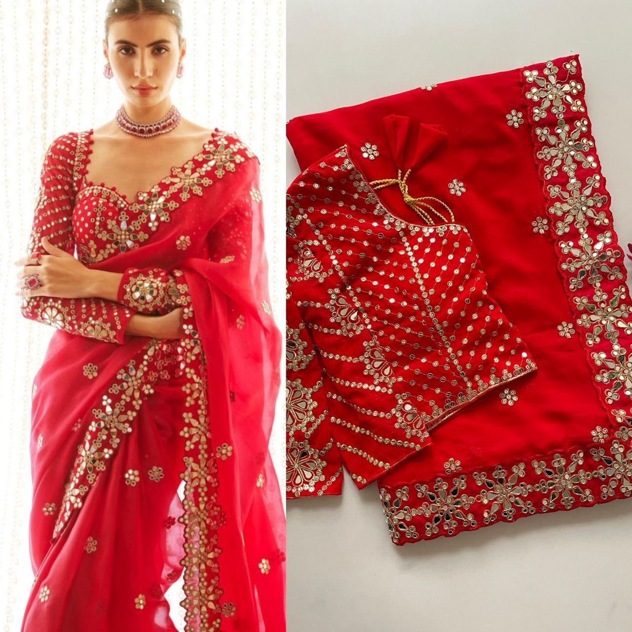 Faux Georgette Saree with Heavy 5mm Sequence Work & Stitched Embroidery Mirror Blouse