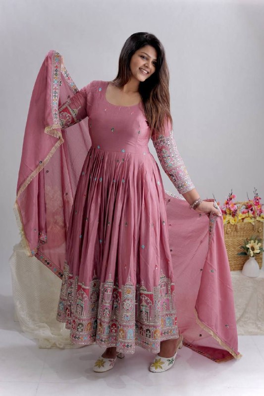 Pure Chinon Silk Embroidered Gown with Pant & Dupatta – Premium Festive Wear