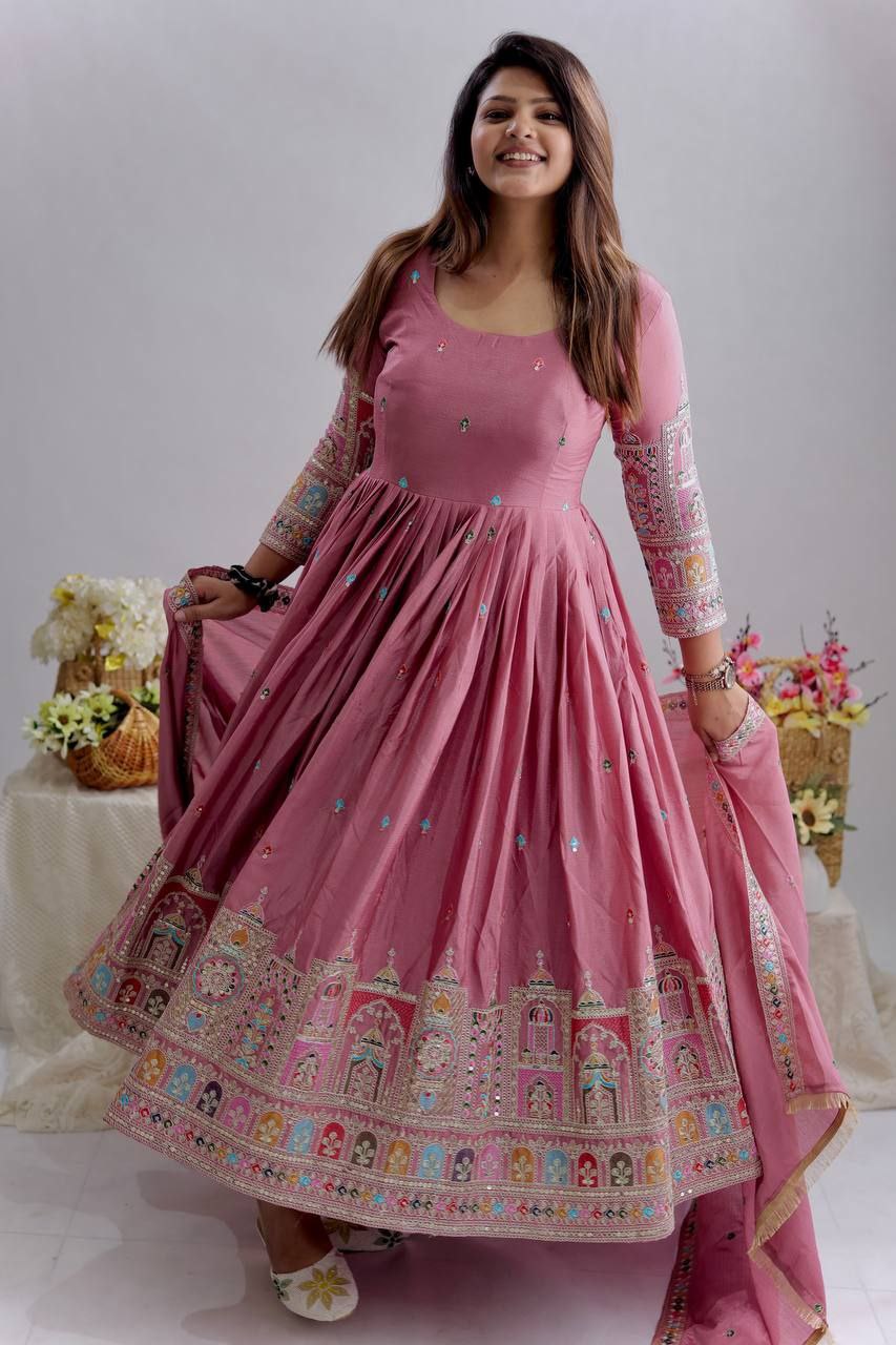 Pure Chinon Silk Embroidered Gown with Pant & Dupatta – Premium Festive Wear