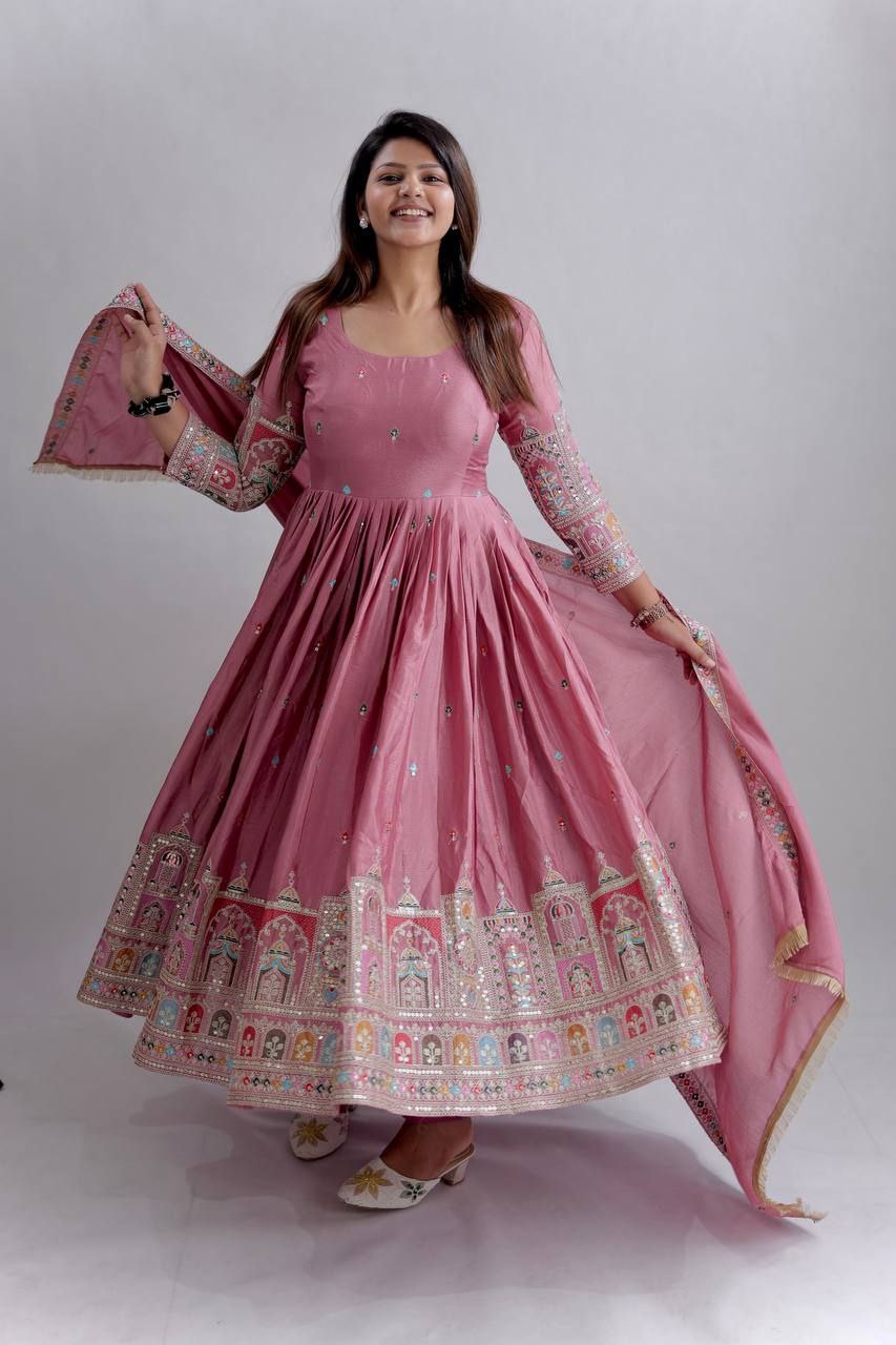 Pure Chinon Silk Embroidered Gown with Pant & Dupatta – Premium Festive Wear