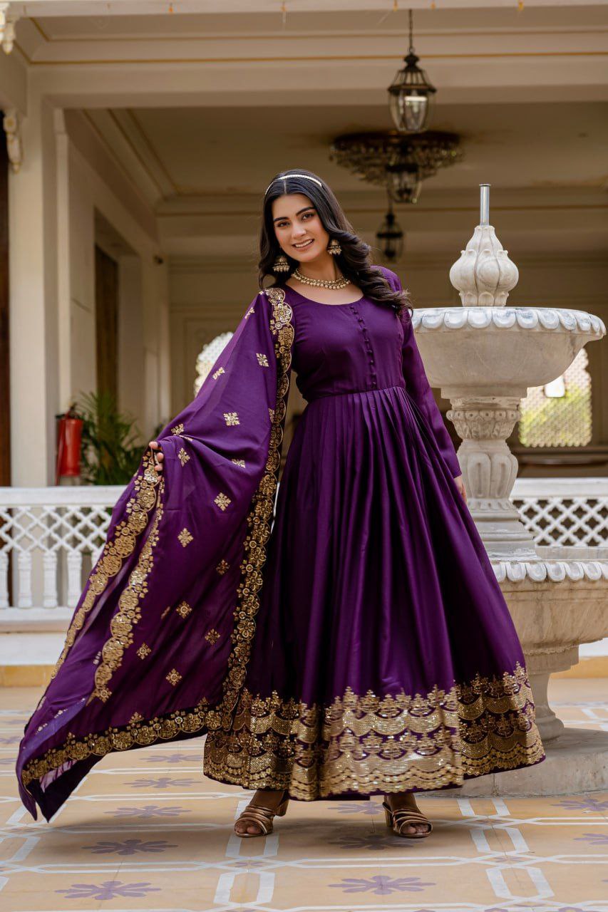 Premium Star Georgette Readymade Gown with Dupatta – Sequins Embroidery, Full Length Anarkali Style (Wine & Pink)
