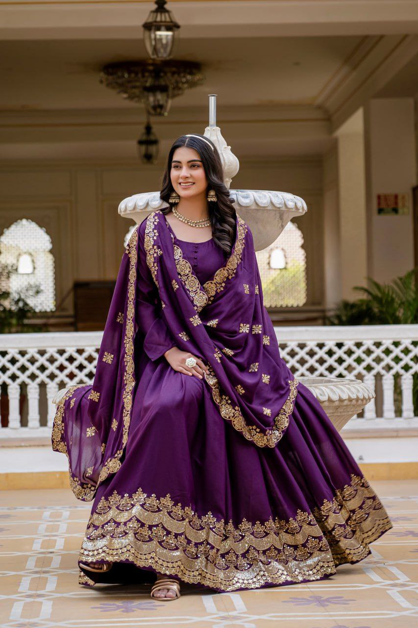 Premium Star Georgette Readymade Gown with Dupatta – Sequins Embroidery, Full Length Anarkali Style (Wine & Pink)