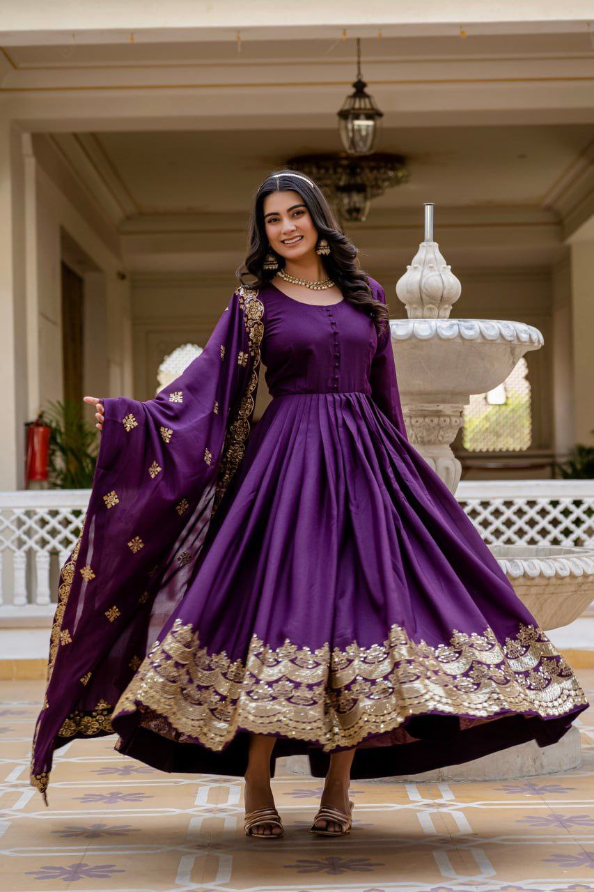Premium Star Georgette Readymade Gown with Dupatta – Sequins Embroidery, Full Length Anarkali Style (Wine & Pink)