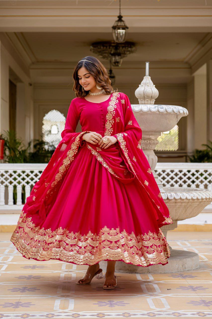 Premium Star Georgette Readymade Gown with Dupatta – Sequins Embroidery, Full Length Anarkali Style (Wine & Pink)