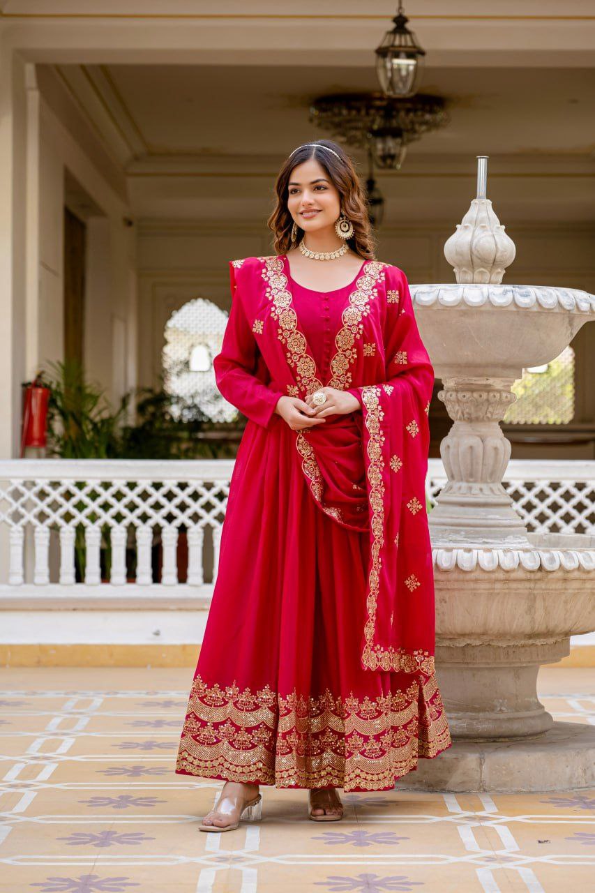 Premium Star Georgette Readymade Gown with Dupatta – Sequins Embroidery, Full Length Anarkali Style (Wine & Pink)