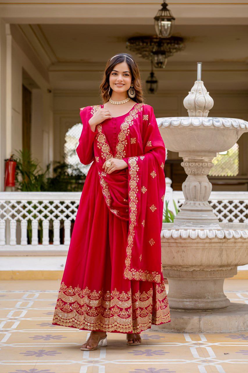 Premium Star Georgette Readymade Gown with Dupatta – Sequins Embroidery, Full Length Anarkali Style (Wine & Pink)