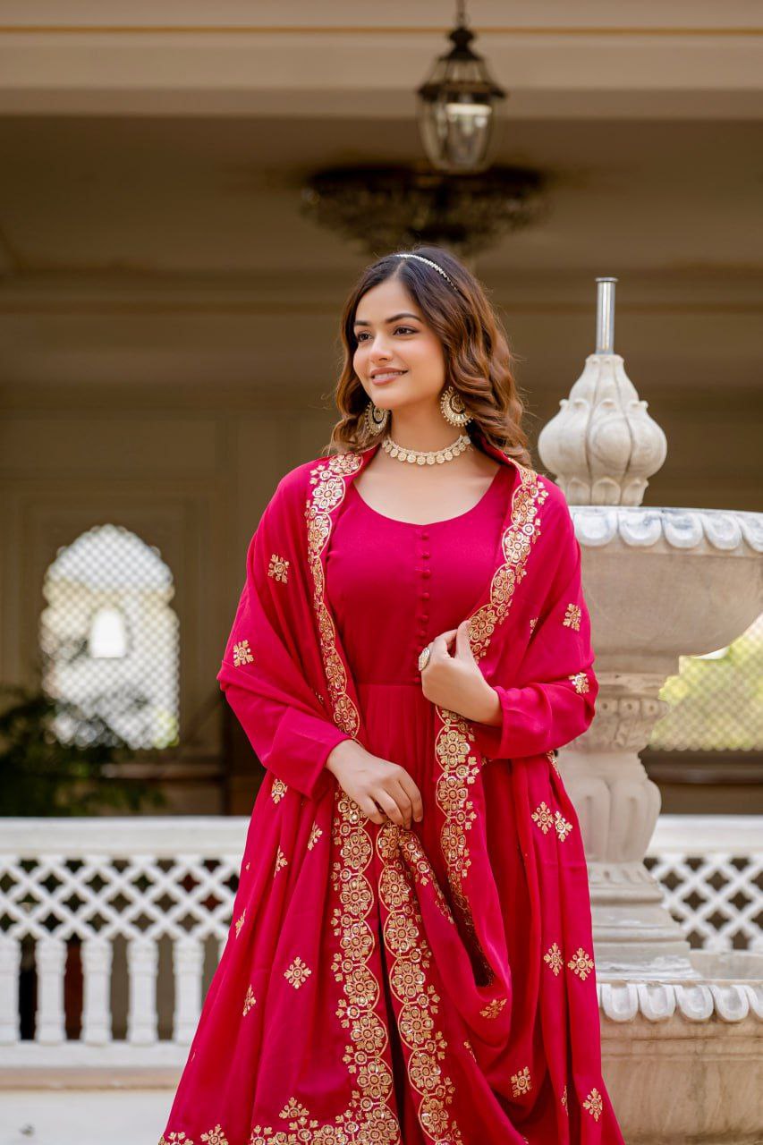Premium Star Georgette Readymade Gown with Dupatta – Sequins Embroidery, Full Length Anarkali Style (Wine & Pink)