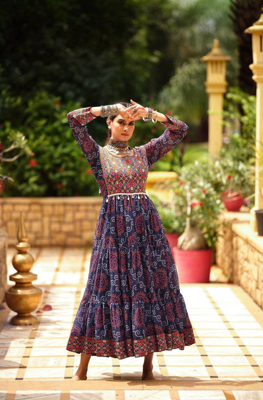Premium Faux Georgette Ruffle Gown with Gamthi Jacquard