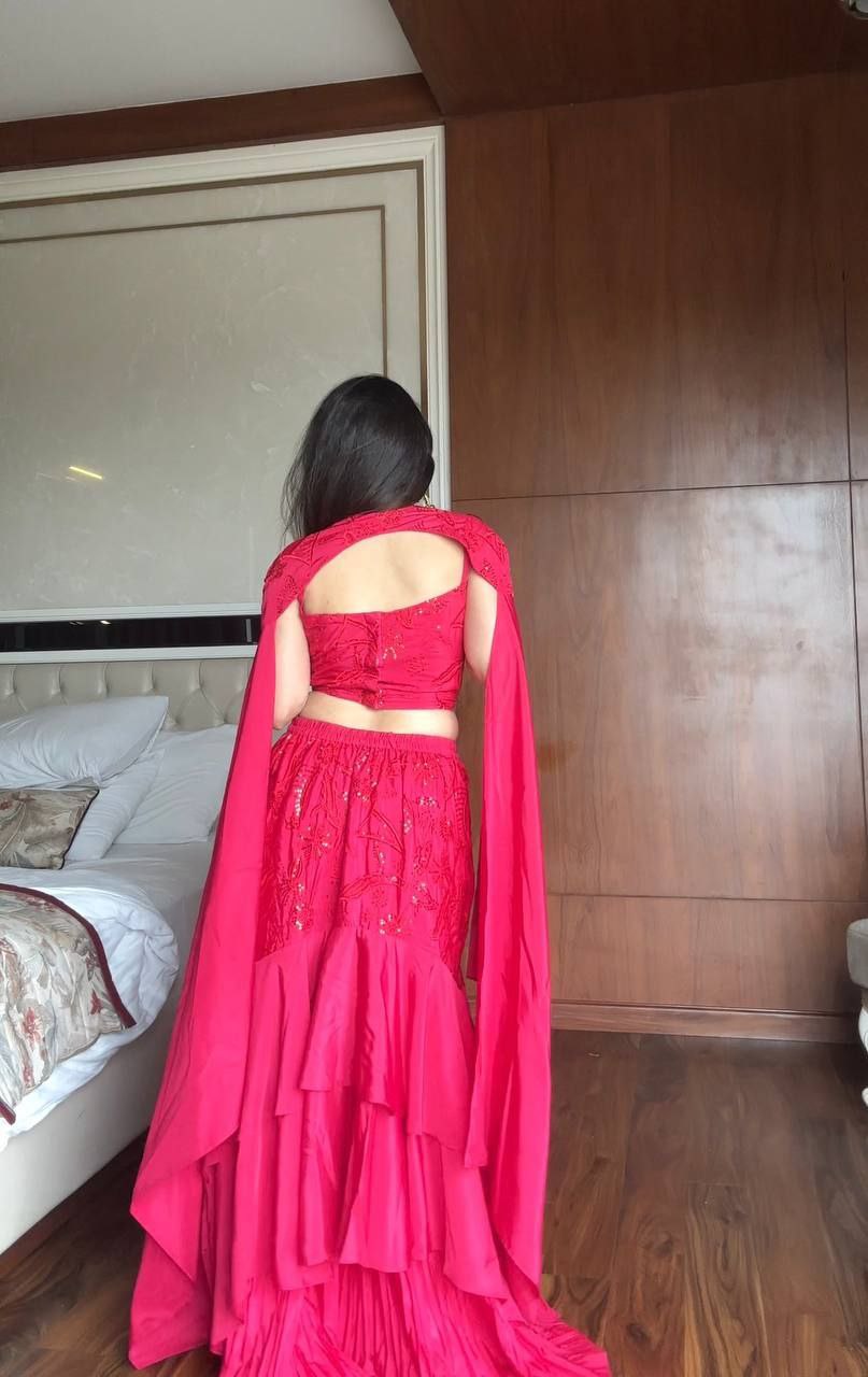 Designer French Crape Lehenga Set with Sequins Embroidery & Cape Dupatta