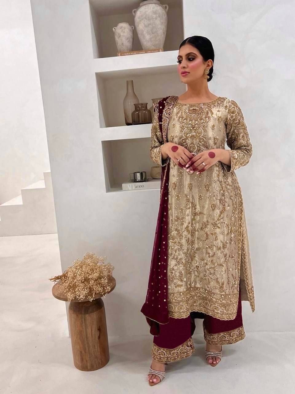 Designer Silk Kurti with Plazzo & Dupatta Set – Embroidery Sequins Work