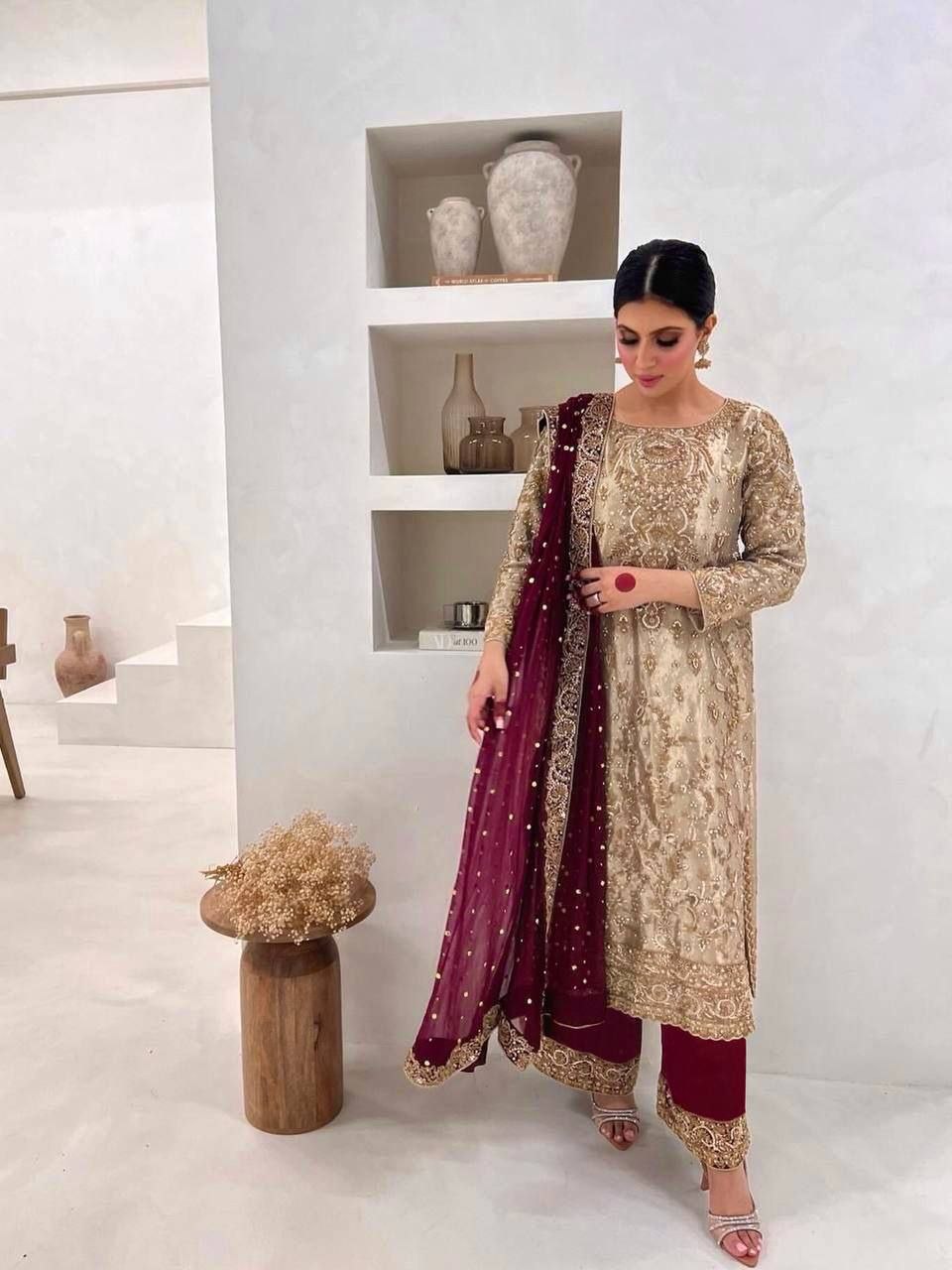 Designer Silk Kurti with Plazzo & Dupatta Set – Embroidery Sequins Work