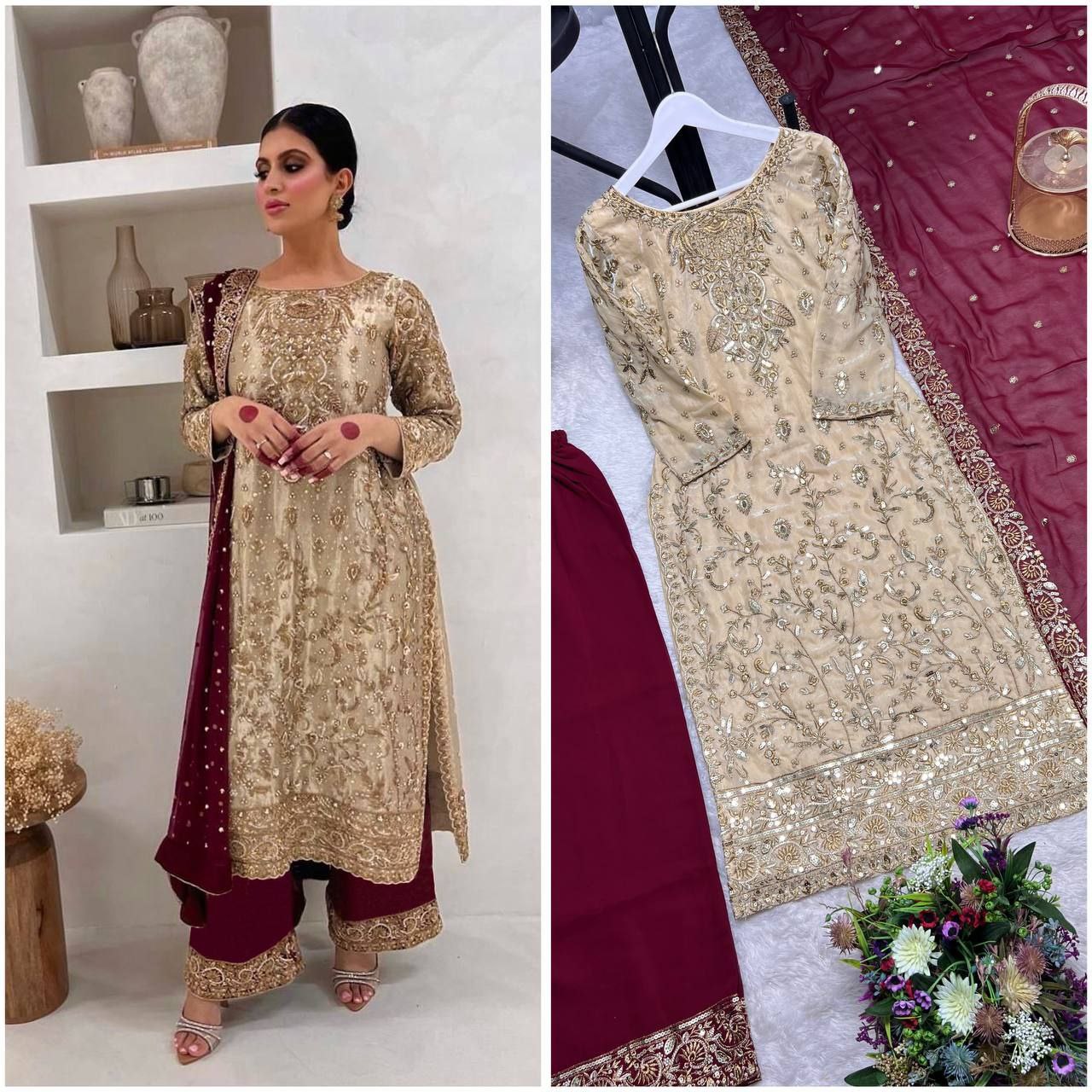 Designer Silk Kurti with Plazzo & Dupatta Set – Embroidery Sequins Work