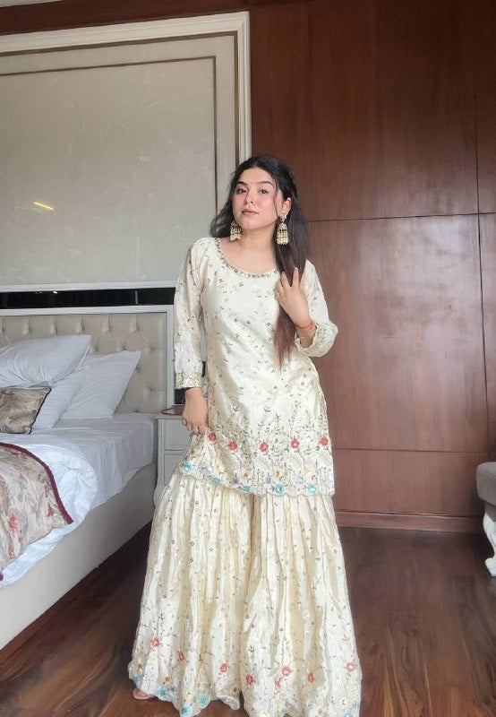 Chinon Sharara Suit with Sequin Embroidery & Dupatta