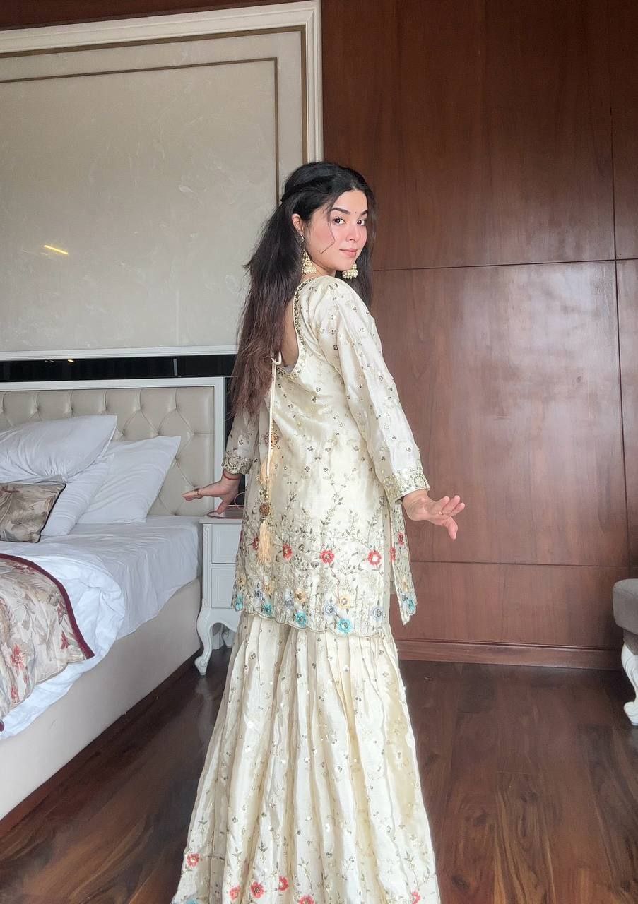Chinon Sharara Suit with Sequin Embroidery & Dupatta