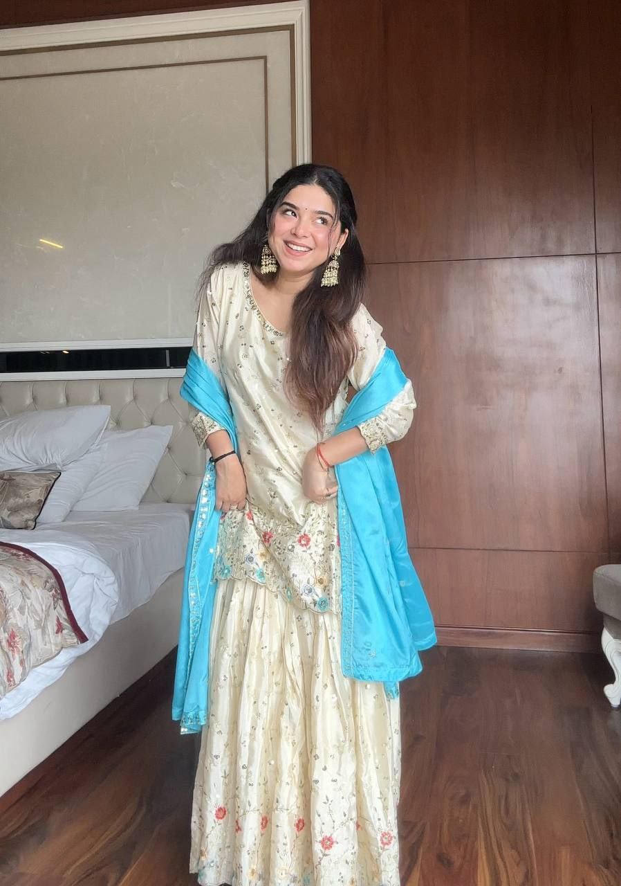 Chinon Sharara Suit with Sequin Embroidery & Dupatta