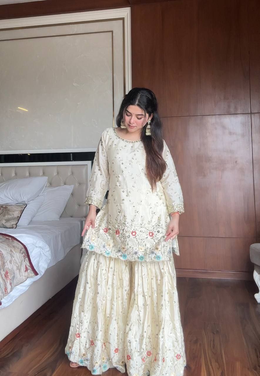 Chinon Sharara Suit with Sequin Embroidery & Dupatta