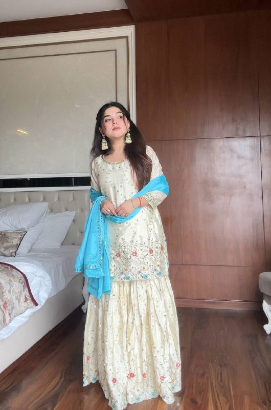 Chinon Sharara Suit with Sequin Embroidery & Dupatta