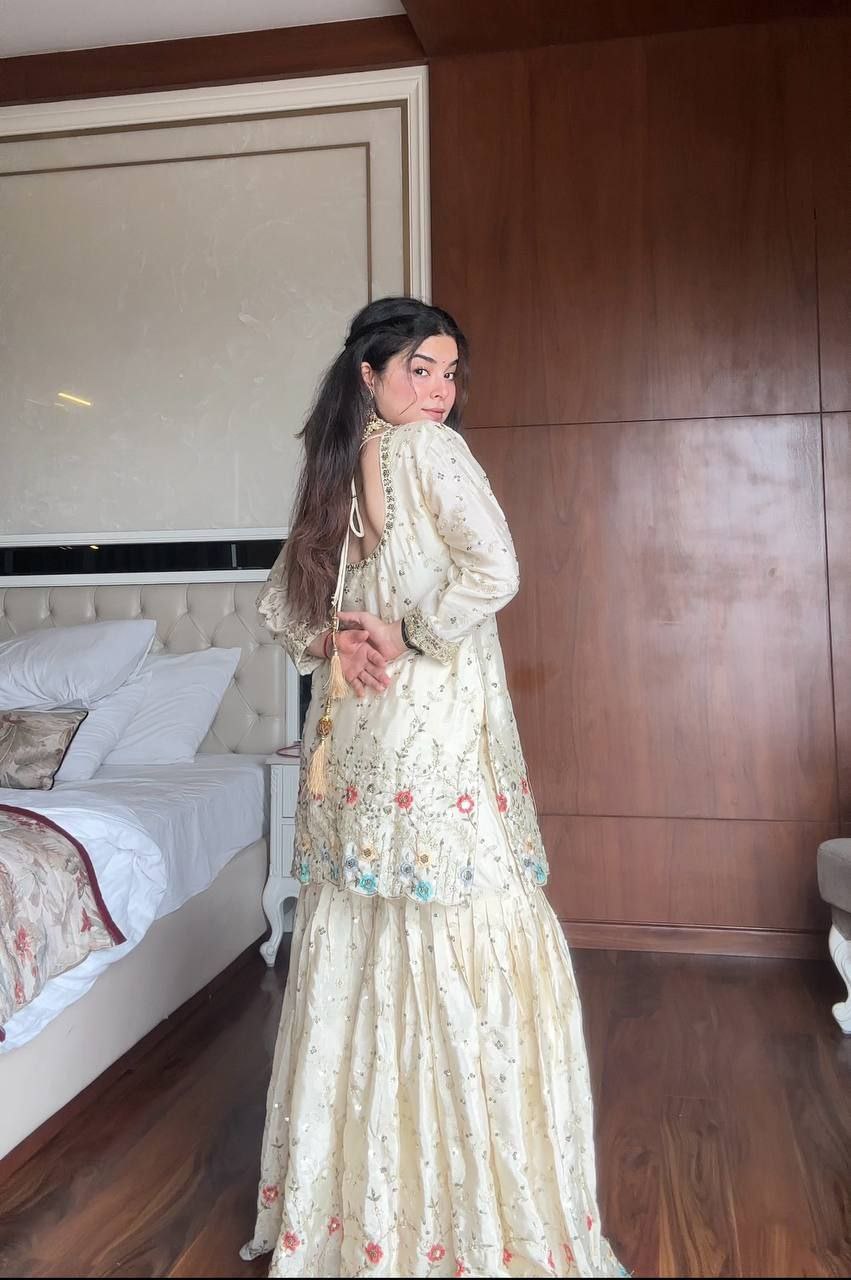 Chinon Sharara Suit with Sequin Embroidery & Dupatta