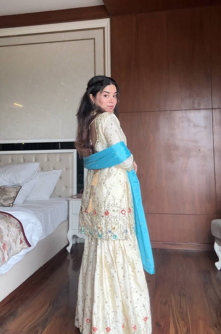 Chinon Sharara Suit with Sequin Embroidery & Dupatta