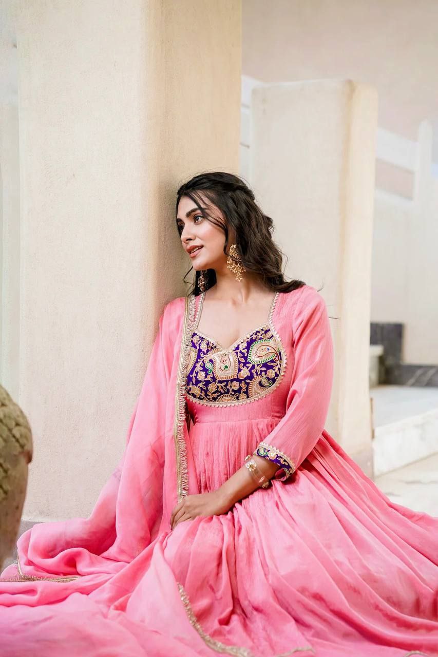 Heavy Crunchy Silk Embroidered Gown Set with Dupatta & Pant