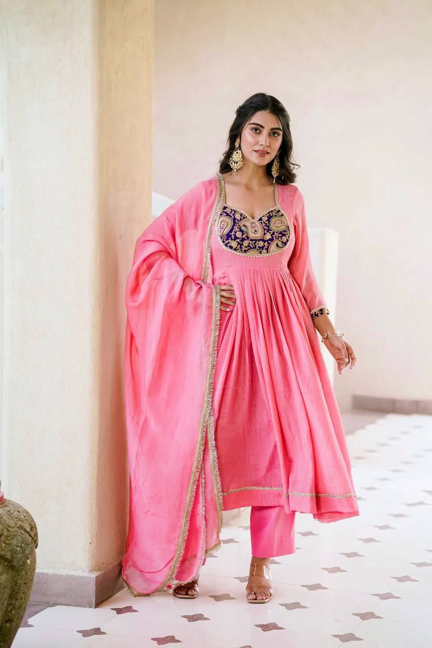 Heavy Crunchy Silk Embroidered Gown Set with Dupatta & Pant