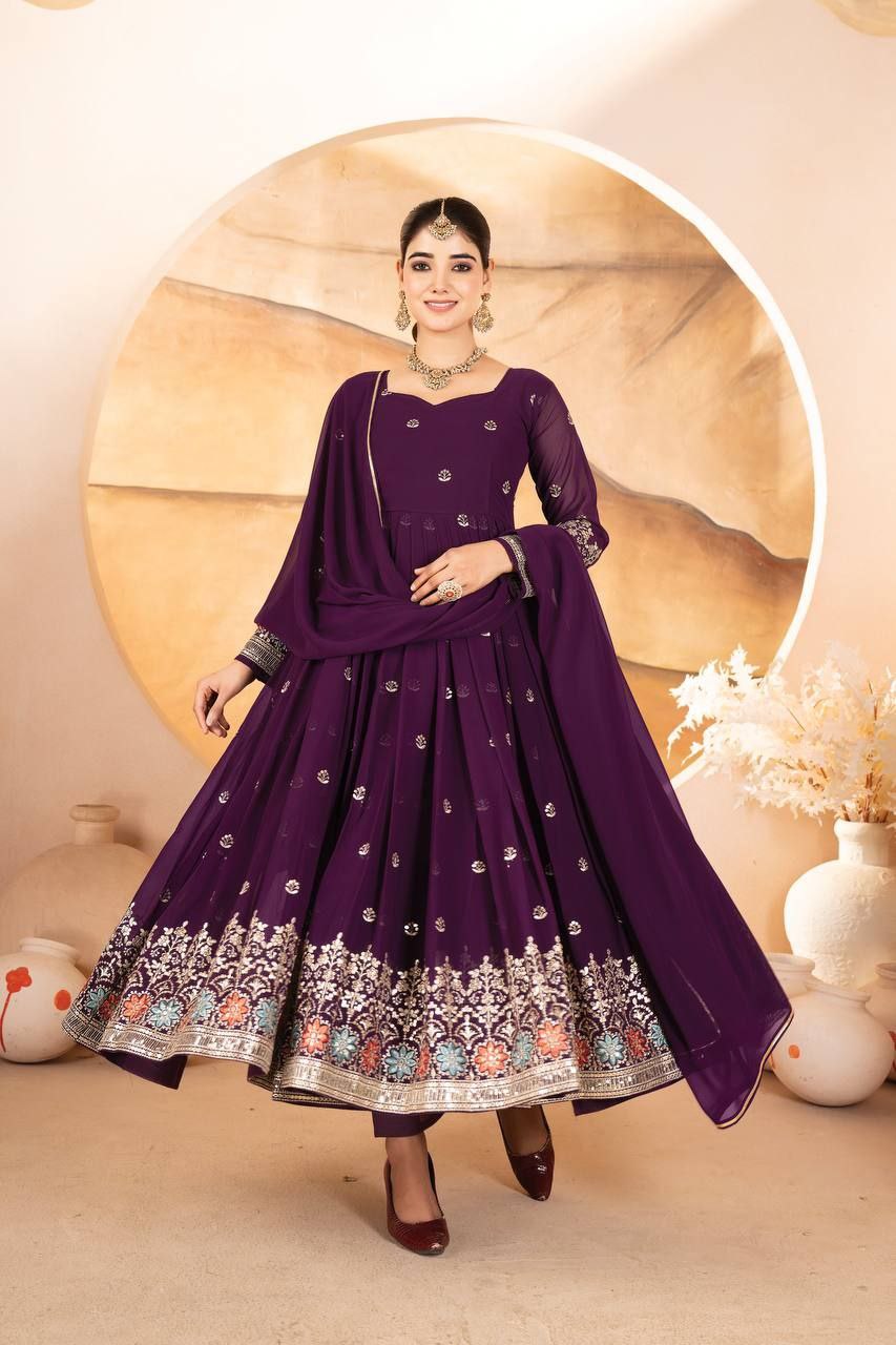 Wine Faux Blooming Embroidered Suit with Sequin Work & Dupatta