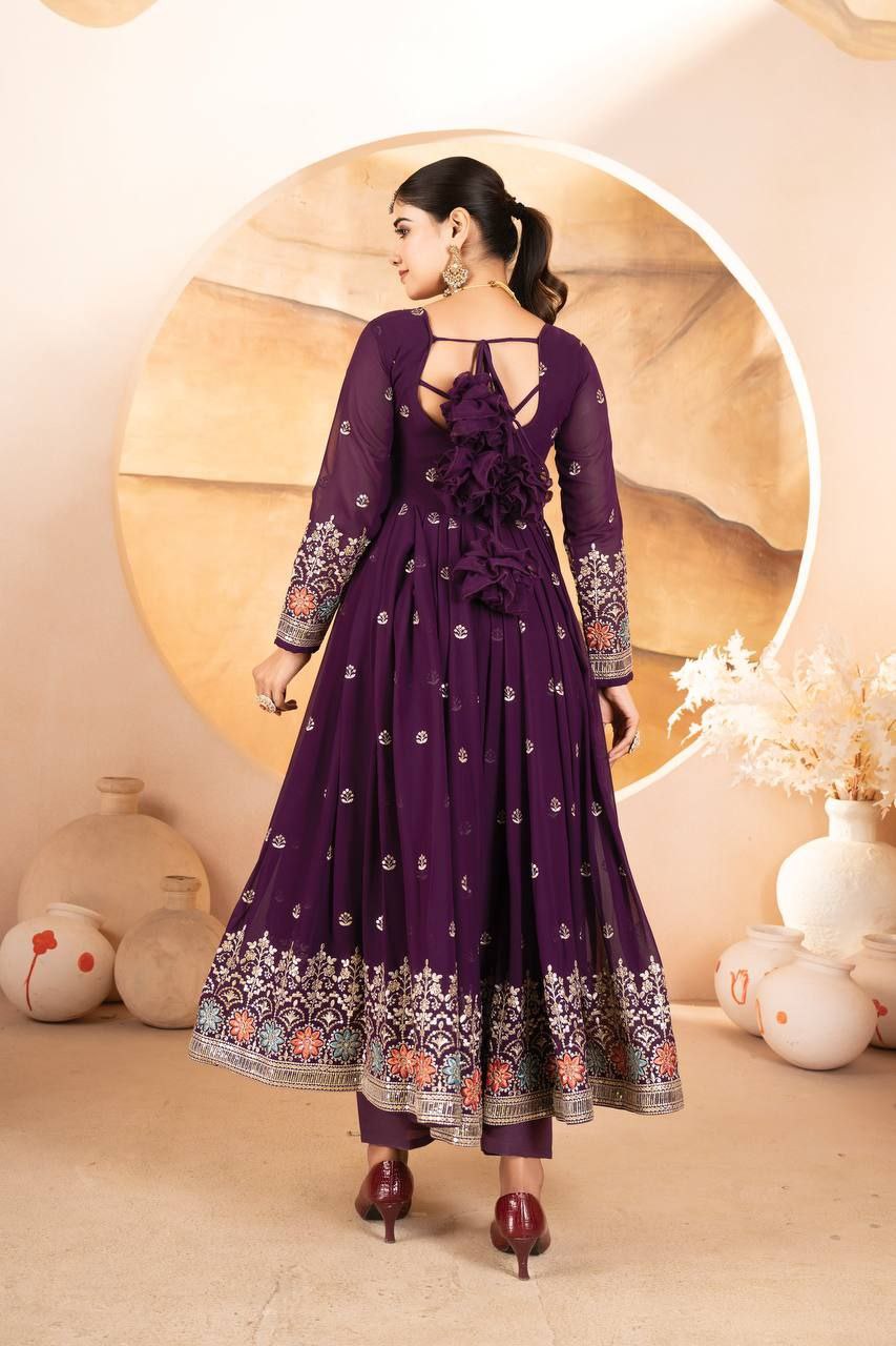 Wine Faux Blooming Embroidered Suit with Sequin Work & Dupatta