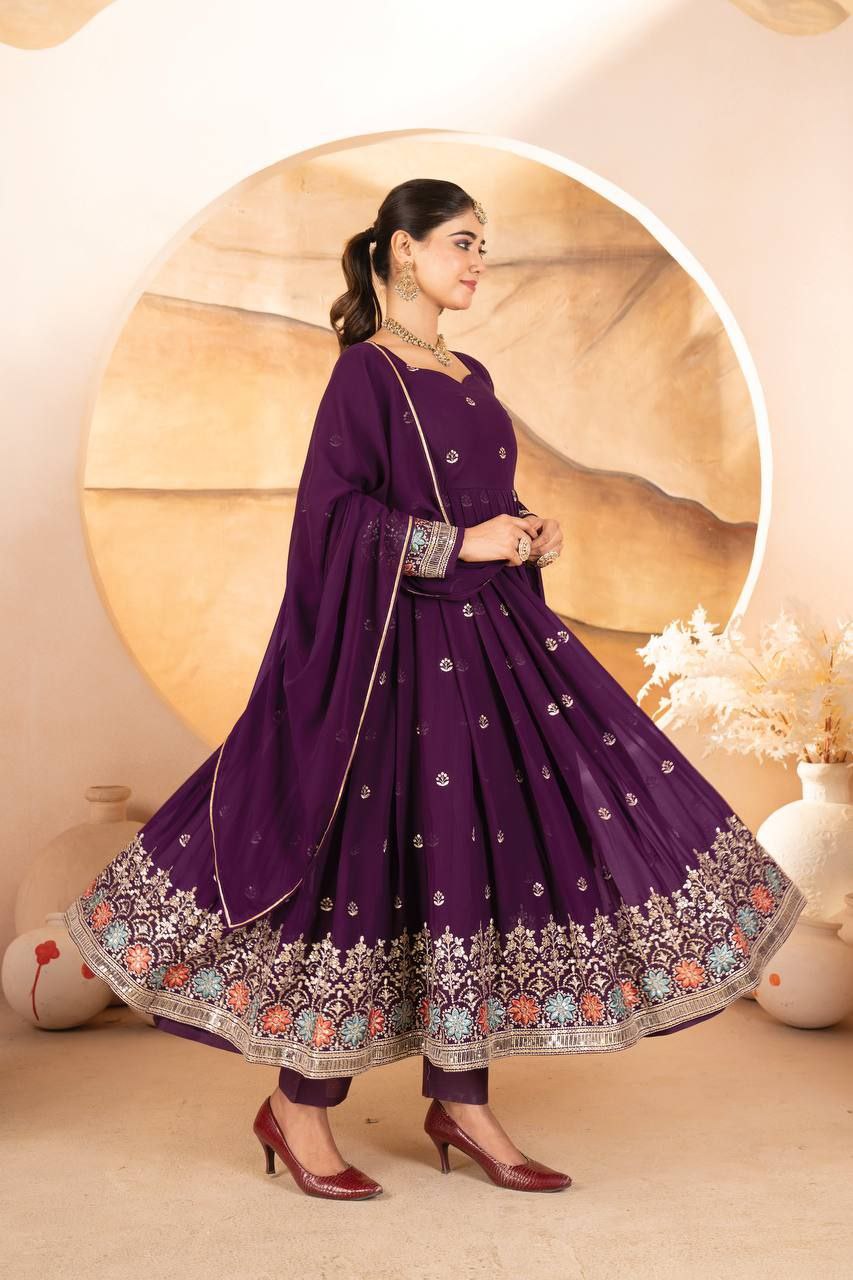 Wine Faux Blooming Embroidered Suit with Sequin Work & Dupatta