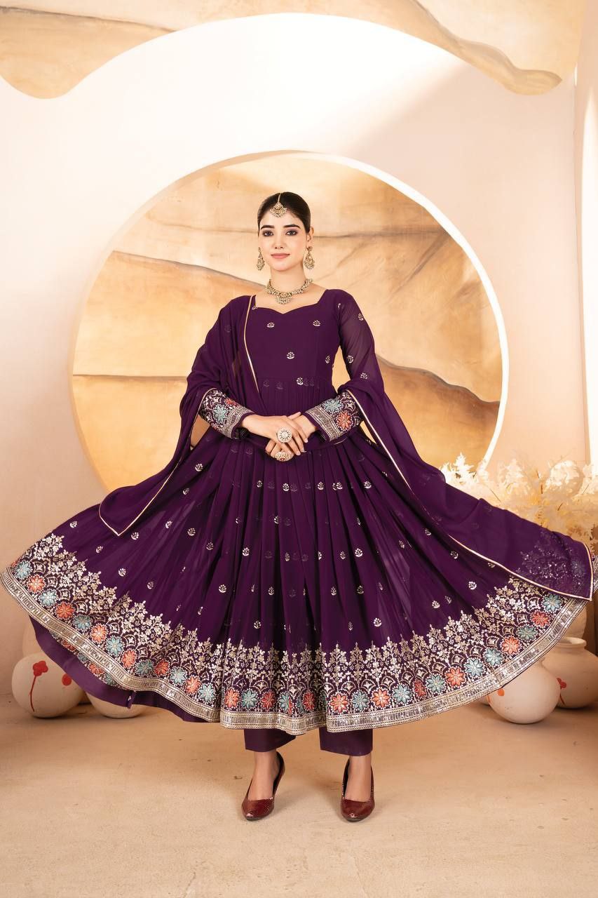 Wine Faux Blooming Embroidered Suit with Sequin Work & Dupatta