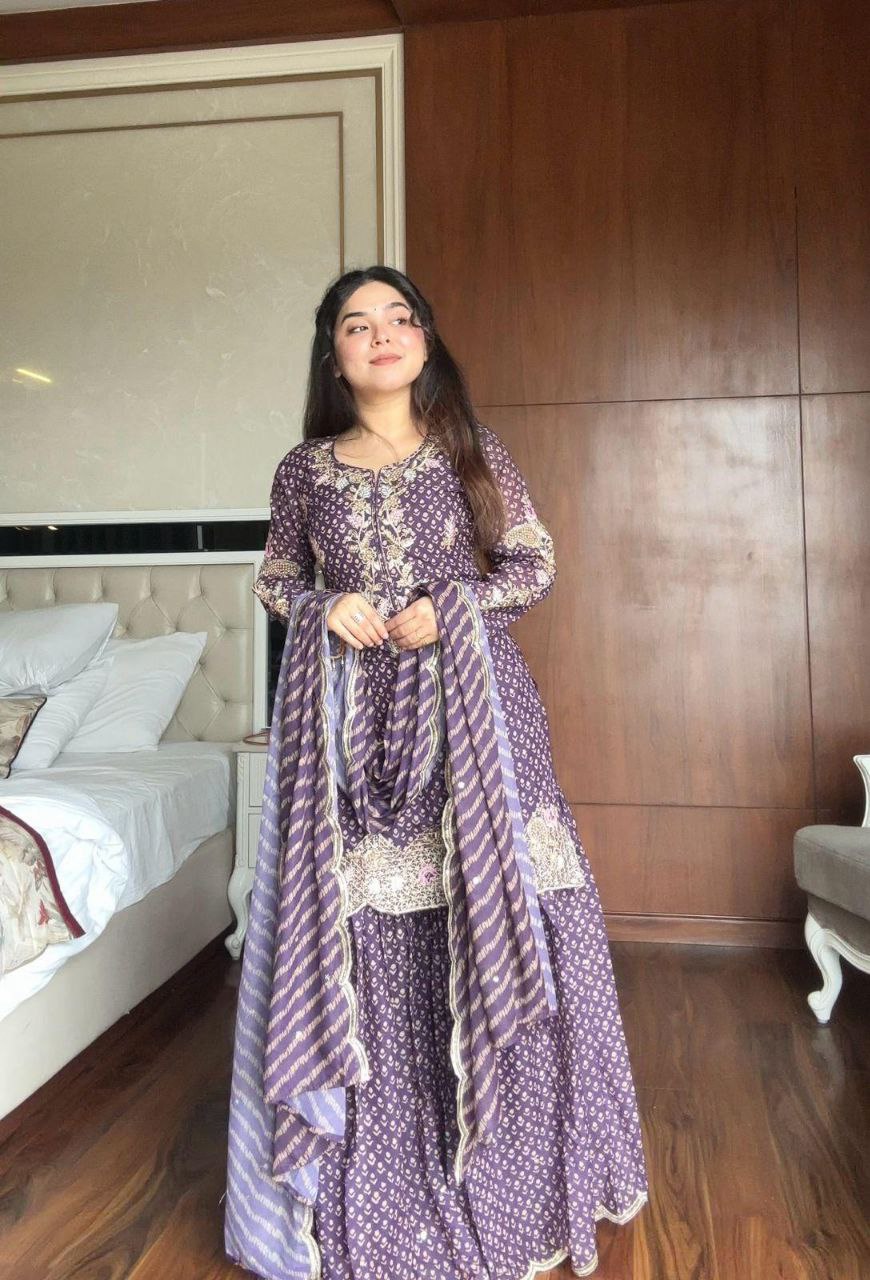 Printed Chinon Embroidered Kurti with Sharara & Dupatta Set