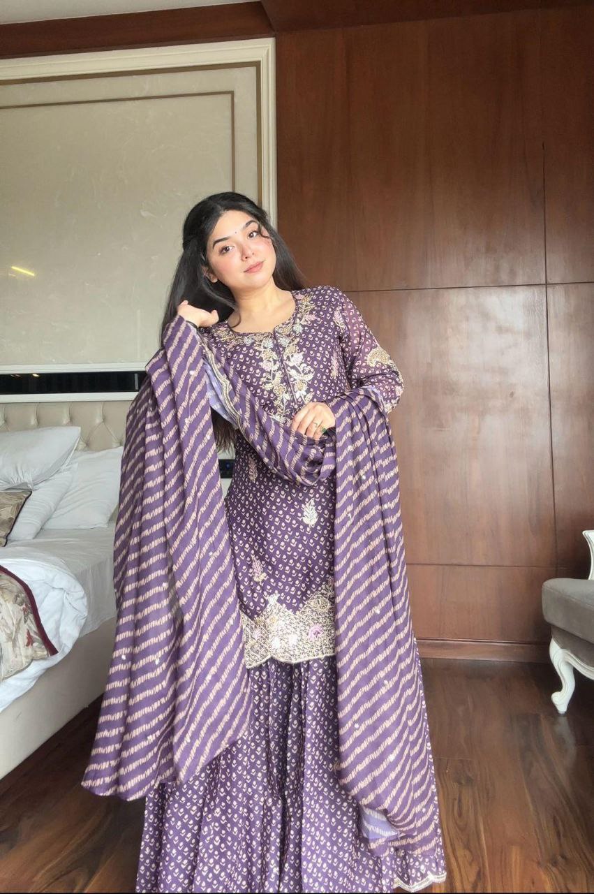 Printed Chinon Embroidered Kurti with Sharara & Dupatta Set